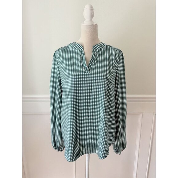 Green Gingham Check Split Neck Bishops Sleeve Blouse XL - Picture 2 of 6